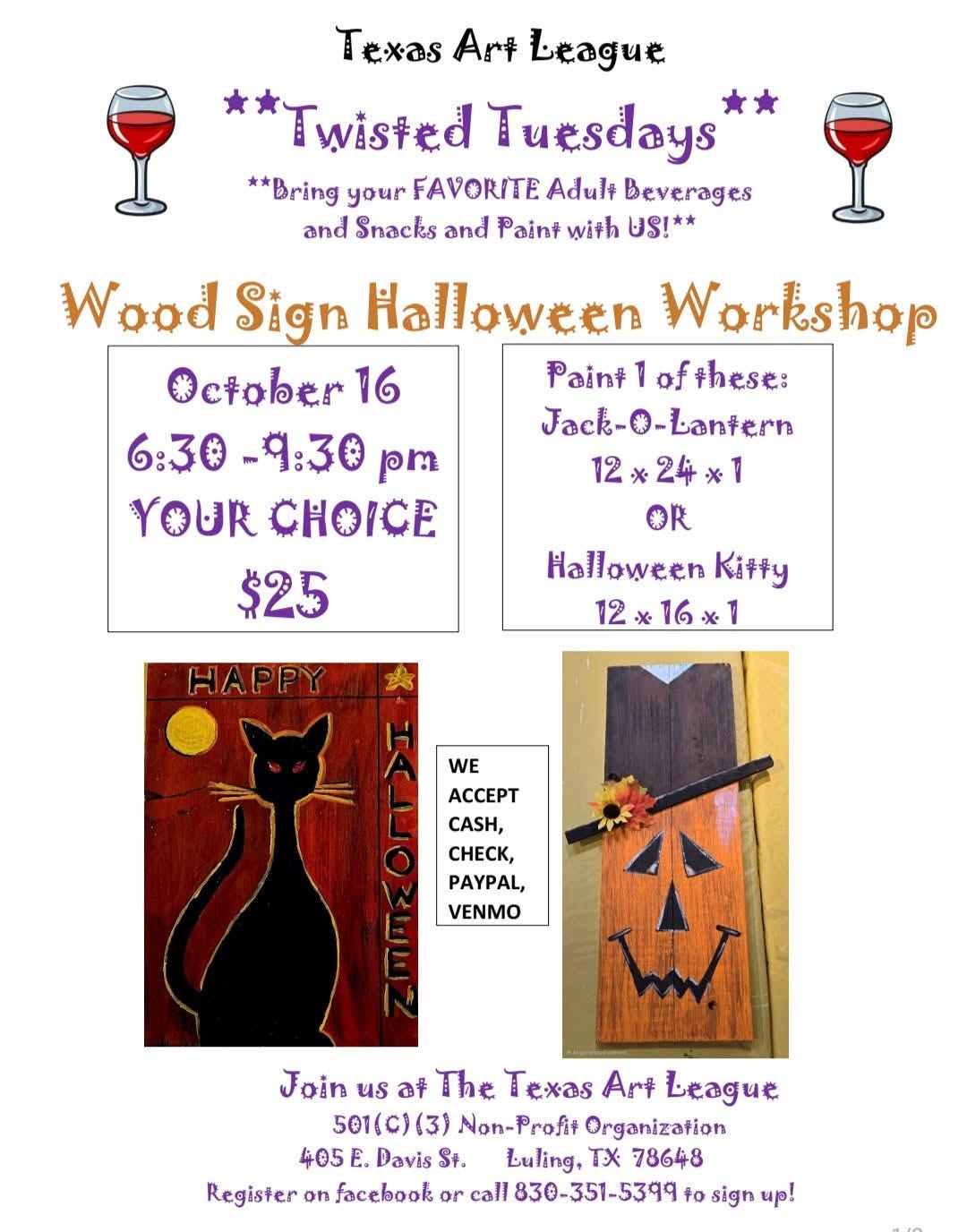 Texas Art League Twisted Tuesdays Wood Sign Halloween Workshop