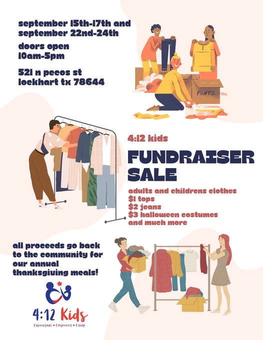 4:12 Kids Fundraiser Sale - ongoing Tues thru Thurs (regardless of the dates noted) until further notice