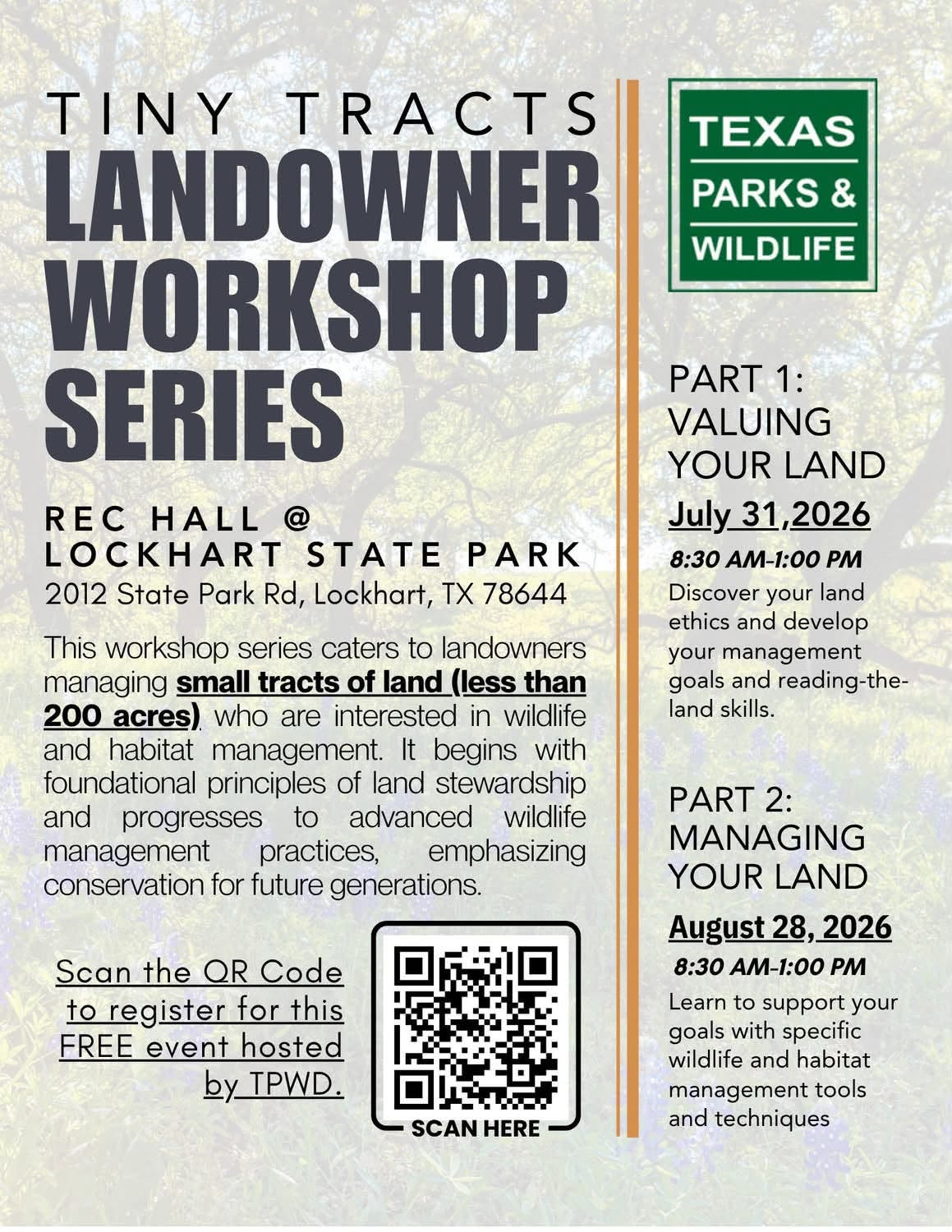 Tiny Tracts Landowner Workshop Series at Lockhart State Park - PART 1: Valuing Your Land